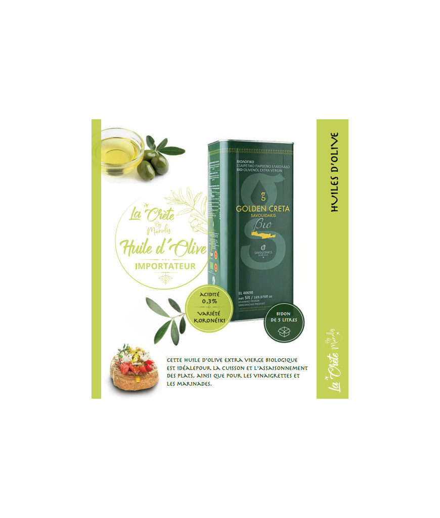 Huile d’Olive EXTRA VIERGE  BIOLOGIQUE AOP MESSARA  GOLDEN CRETA 5L